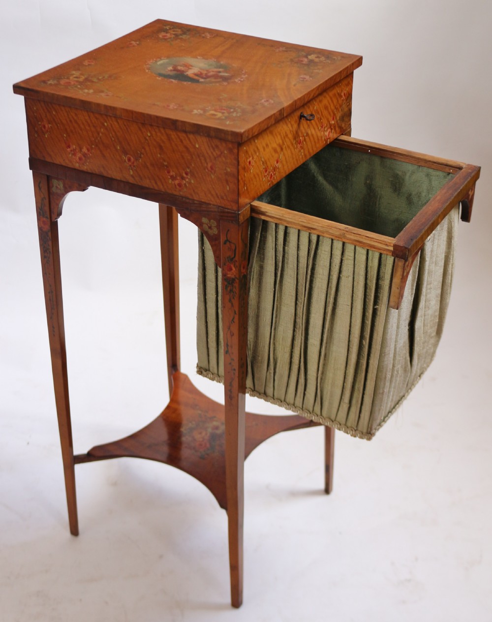 Edwardian Satinwood and Painted Decorated Work Table View VII