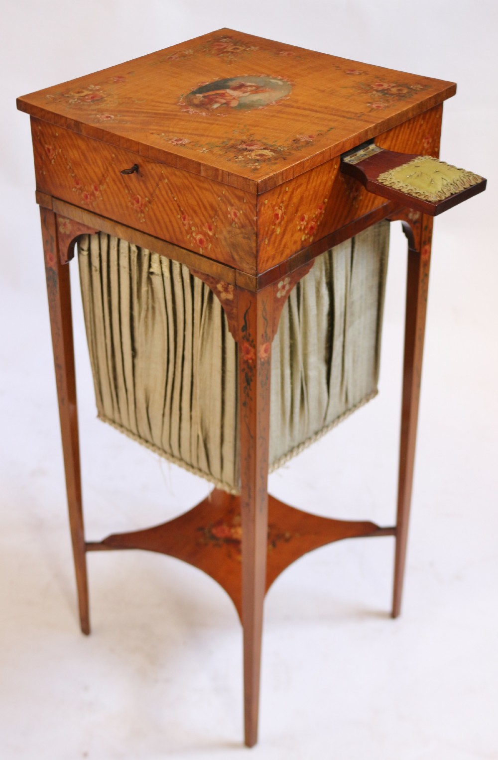 Edwardian Satinwood and Painted Decorated Work Table View IX