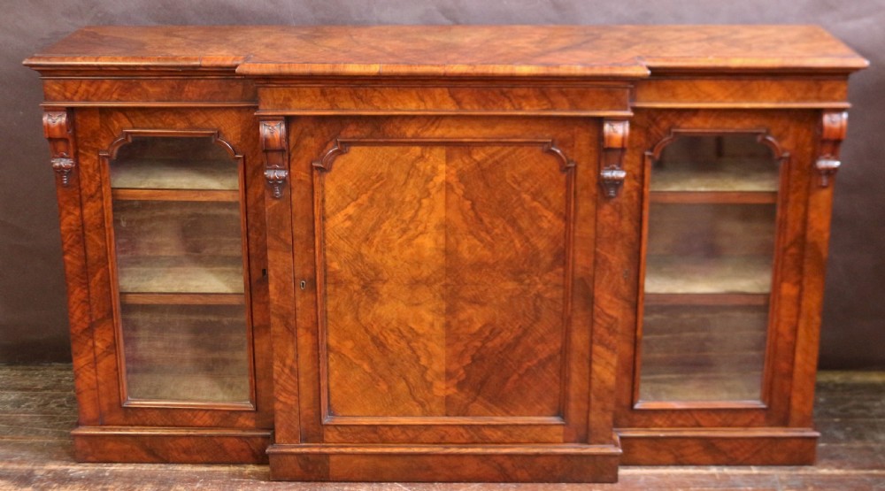 Victorian Figured Walnut 3 Door Breakfront Side Cabinet