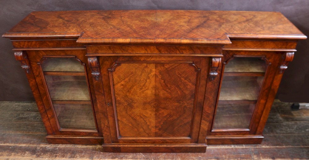 Victorian Figured Walnut 3 Door Breakfront Side Cabinet View II