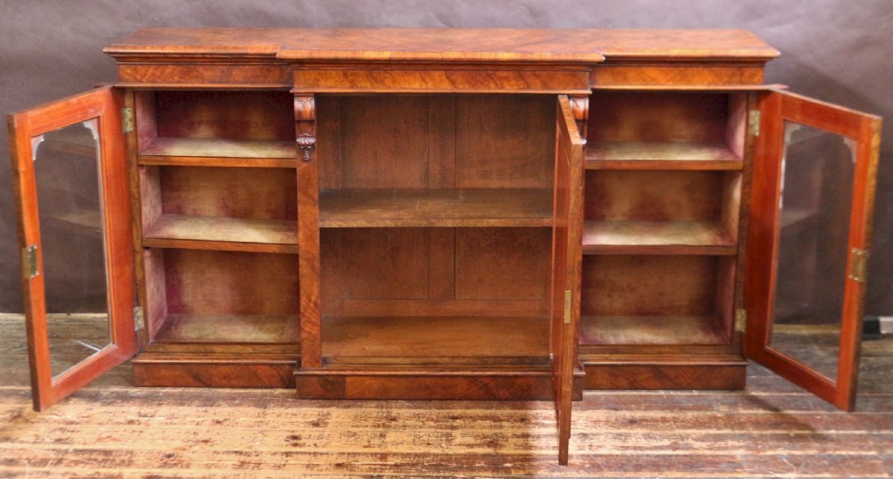 Victorian Figured Walnut 3 Door Breakfront Side Cabinet View V