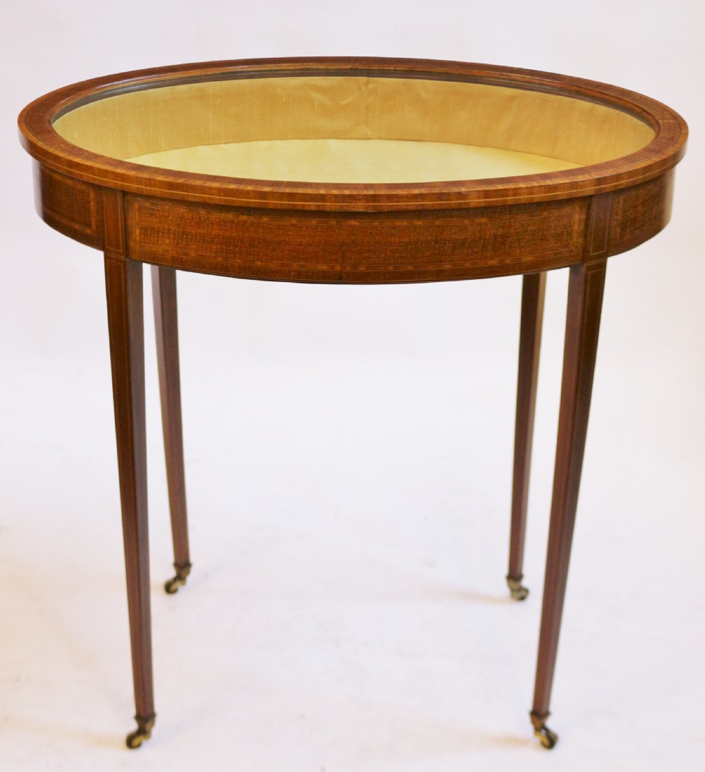 Edwardian Inlaid Feather Mahogany Oval Bijouterie Table View VI