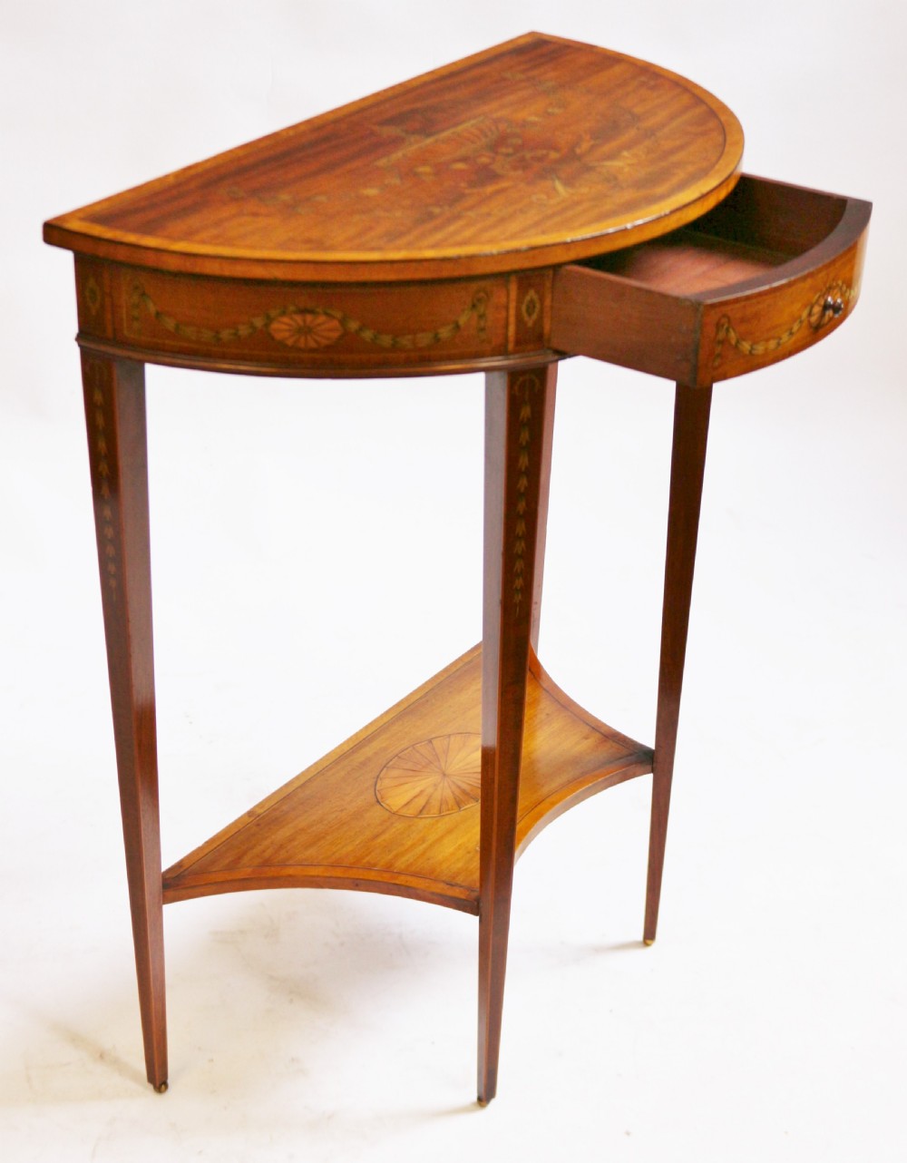 Fine Edwardian Inlaid Mahogany Demi Lune Side Console Table  View II