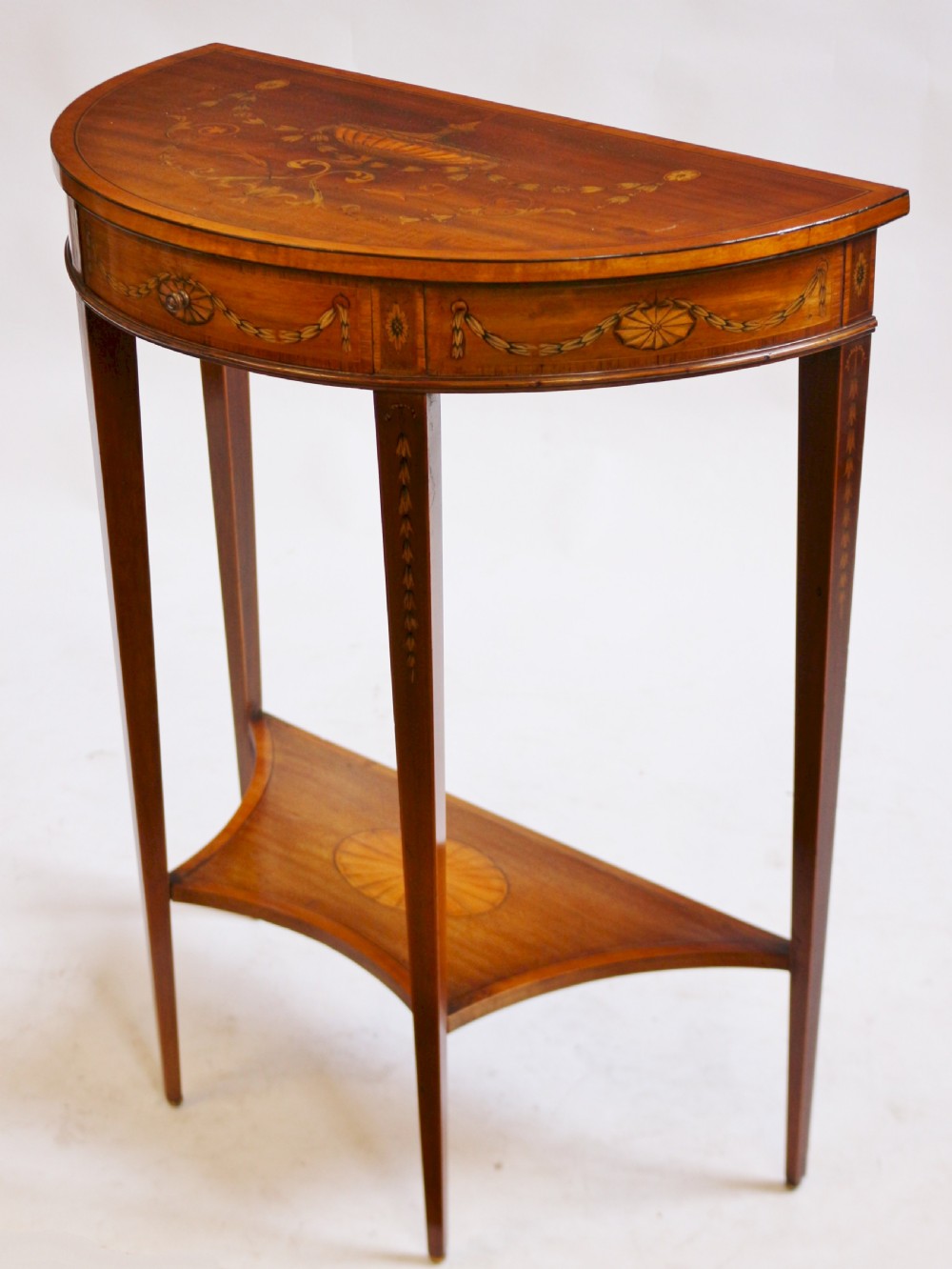 Fine Edwardian Inlaid Mahogany Demi Lune Side Console Table  View III