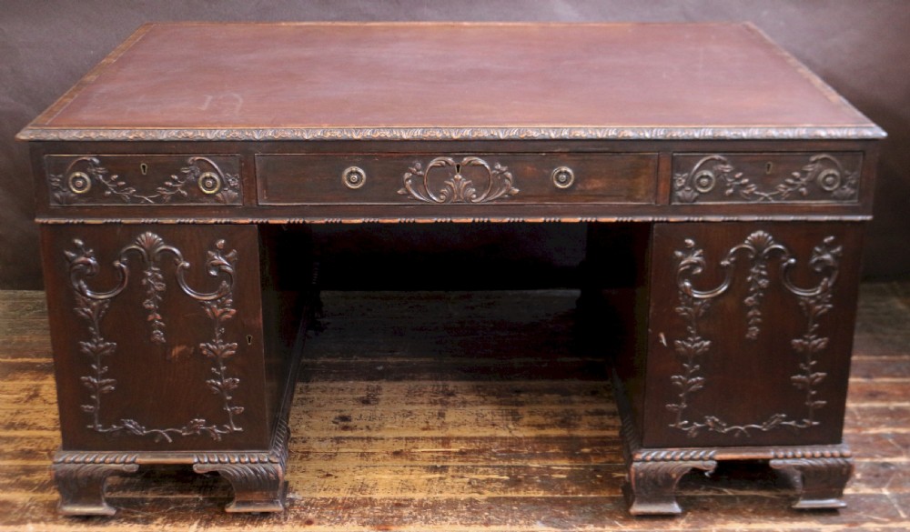 Late 19C Mahogany Carved Partners Kneehole Desk