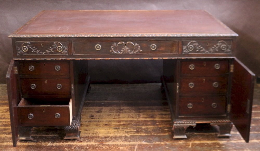 Late 19C Mahogany Carved Partners Kneehole Desk View III
