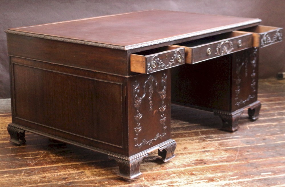 Late 19C Mahogany Carved Partners Kneehole Desk View IV