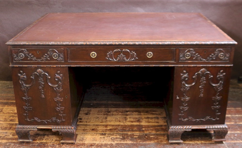 Late 19C Mahogany Carved Partners Kneehole Desk View VII