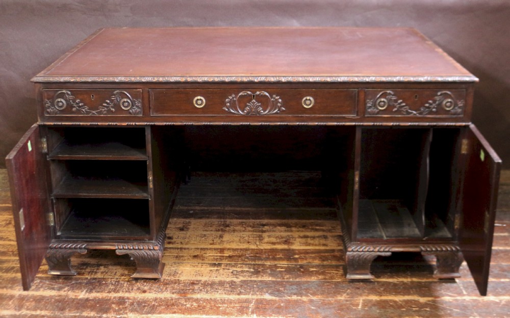 Late 19C Mahogany Carved Partners Kneehole Desk View VIII