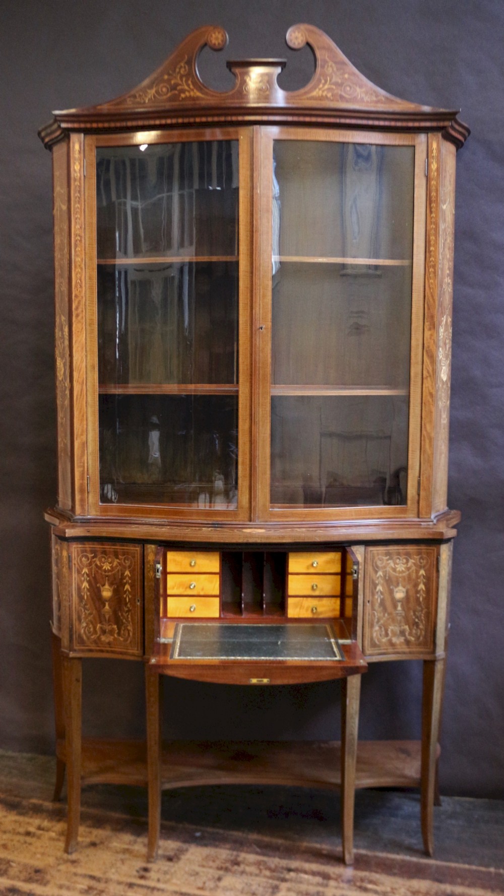 Large 19C Mahogany Inlaid Serpentine Secretaire Cabinet View II