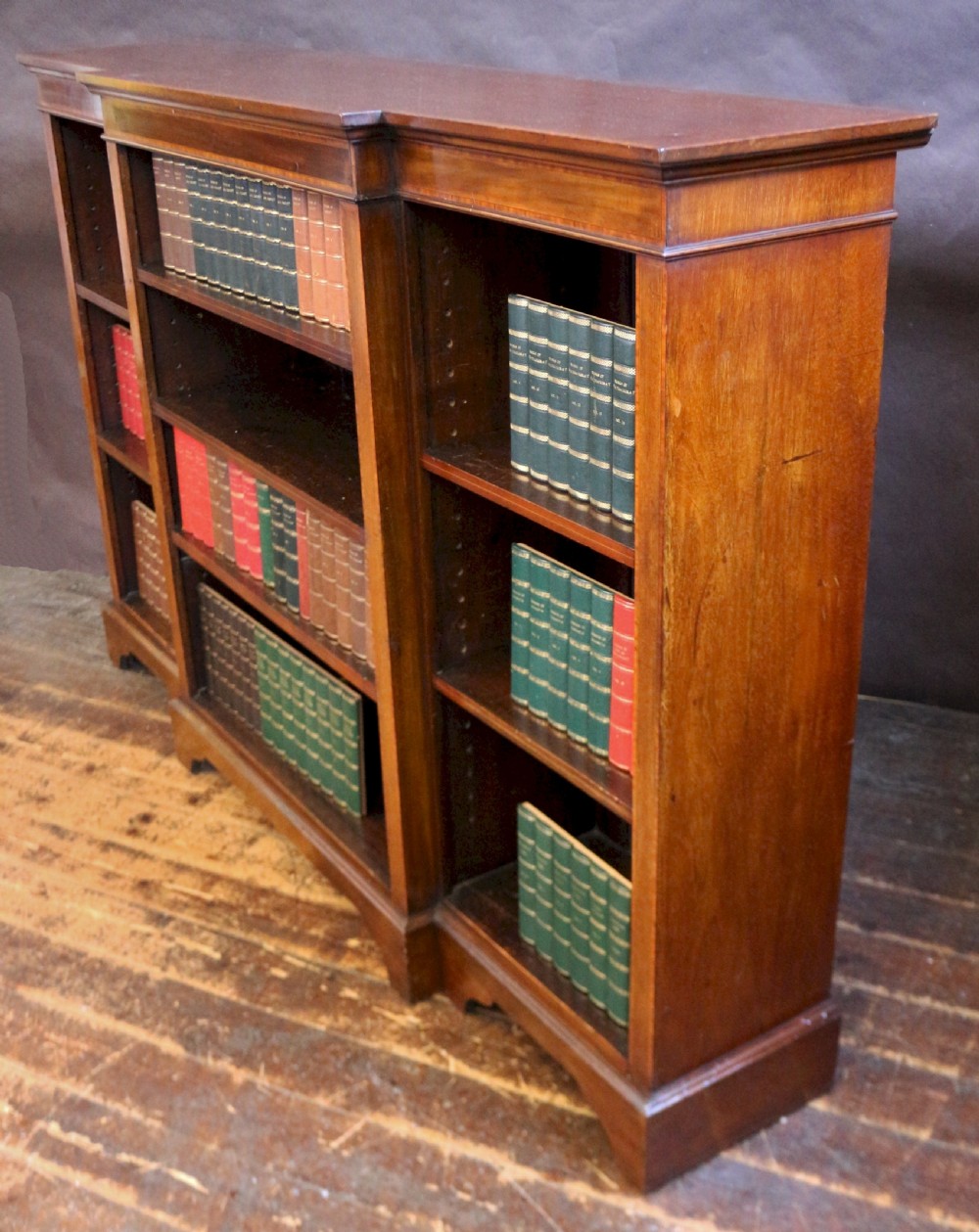 Edwardian Mahogany Satinwood Banded Breakfront Open Bookcase View II