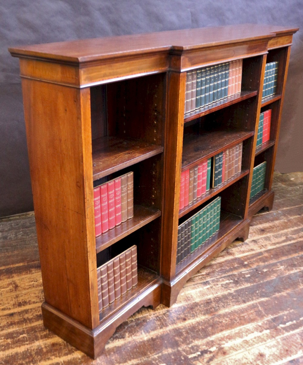 Edwardian Mahogany Satinwood Banded Breakfront Open Bookcase View III