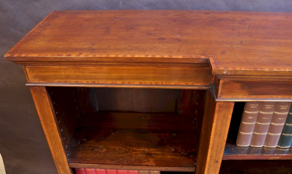 Edwardian Mahogany Satinwood Banded Breakfront Open Bookcase View V