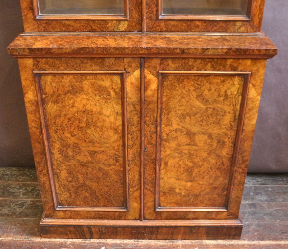 Fine Quality Victorian Figured Walnut Slim Cupboard Base Bookcase. View V