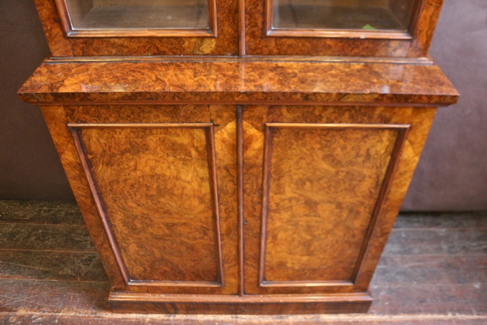 Fine Quality Victorian Figured Walnut Slim Cupboard Base Bookcase. View VI
