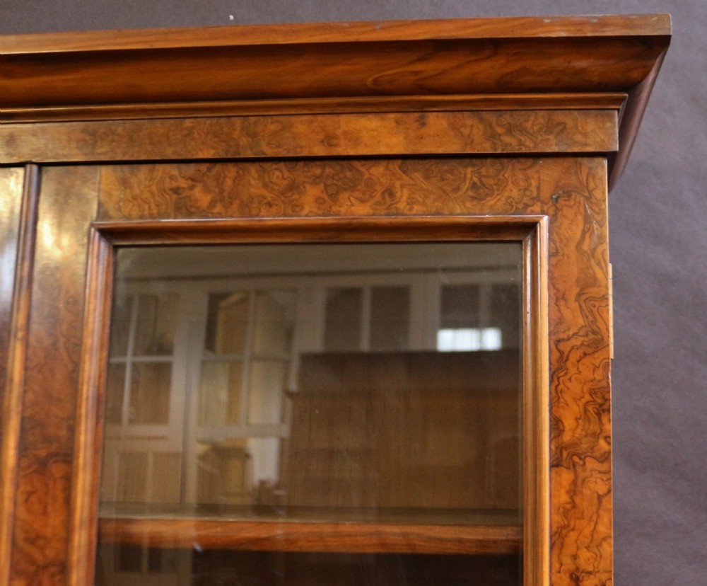 Fine Quality Victorian Figured Walnut Slim Cupboard Base Bookcase. View VII