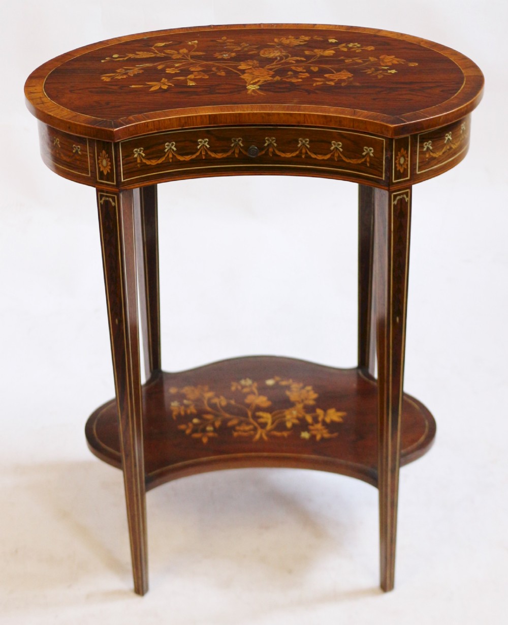 Fine Quality Late 19C Kidney Shaped Rosewood Inlaid 1 Drawer Table