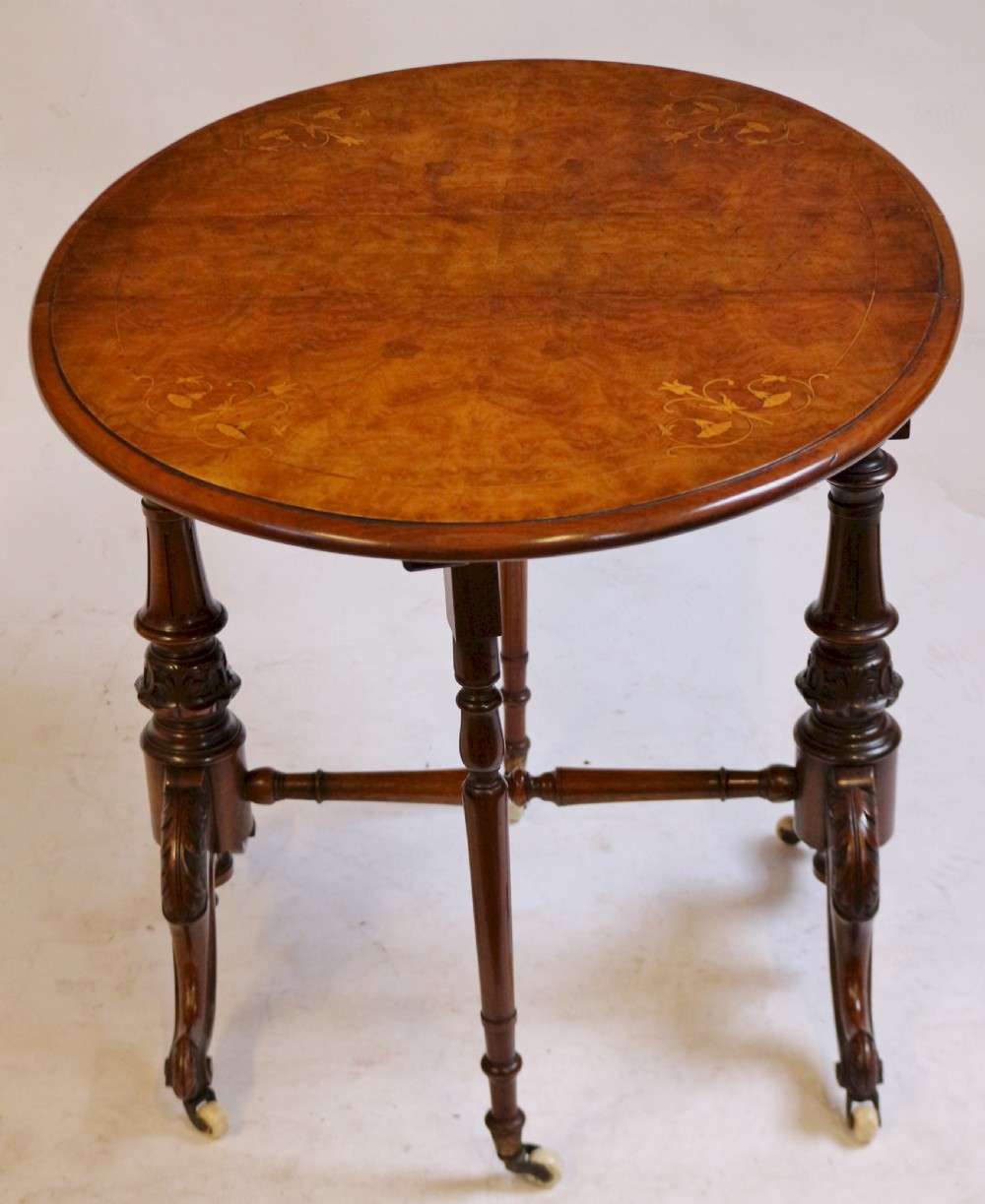 Victorian Figured Walnut Inlaid Small Sutherland Table. View IV