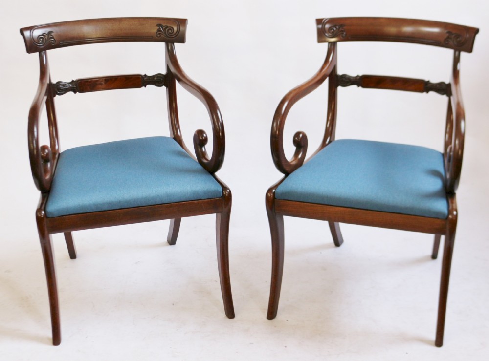 Regency Mahogany Pair of Scroll Armchairs on Sabre Legs