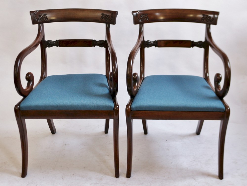 Regency Mahogany Pair of Scroll Armchairs on Sabre Legs View II