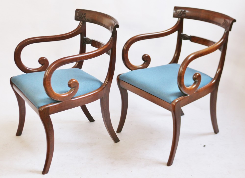 Regency Mahogany Pair of Scroll Armchairs on Sabre Legs View III
