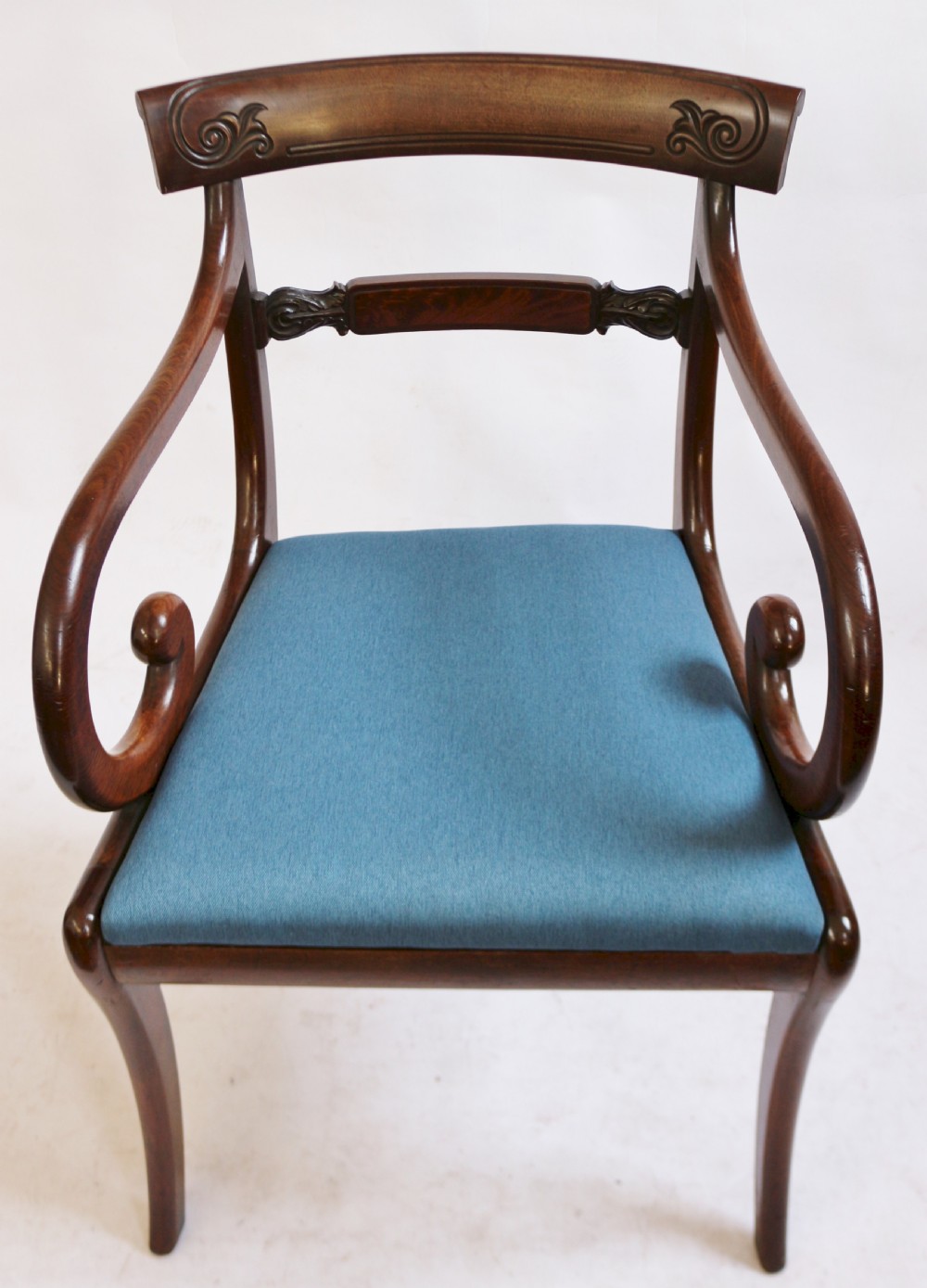 Regency Mahogany Pair of Scroll Armchairs on Sabre Legs View V