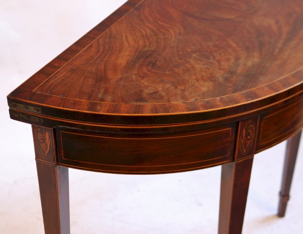 Fine Quality George 111 Mahogany Inlaid Demi Lune Card Table View XII