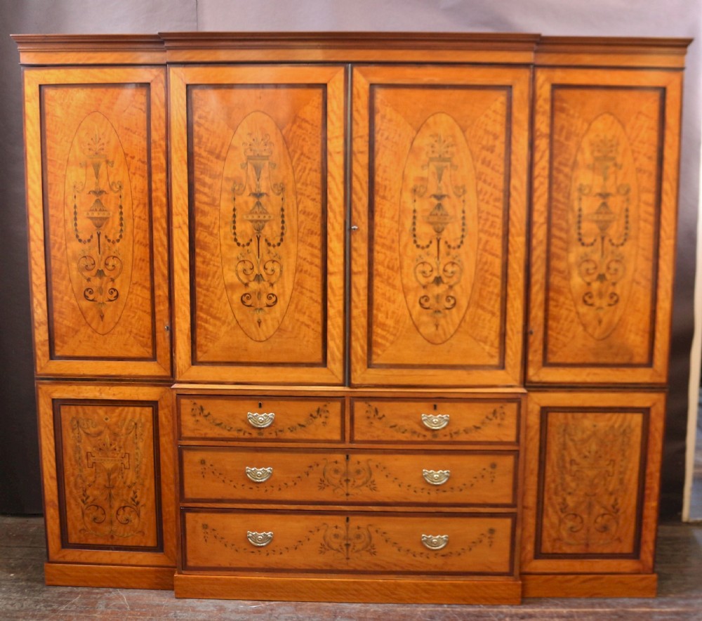 Late 19C Inlaid Satinwood 4 Door Breakfront Wardrobe