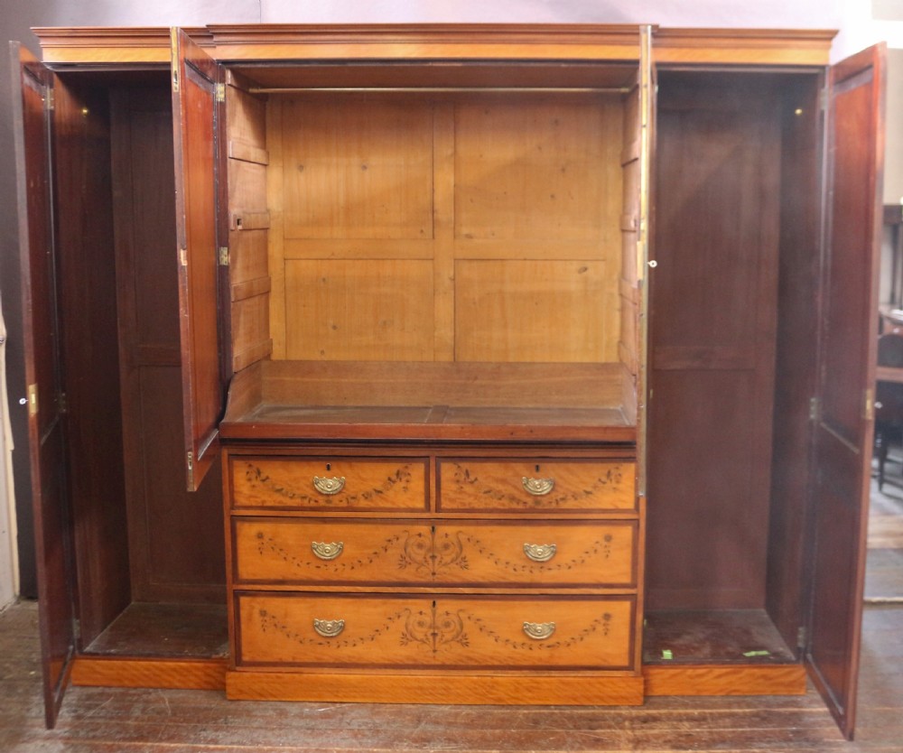 Late 19C Inlaid Satinwood 4 Door Breakfront Wardrobe View II
