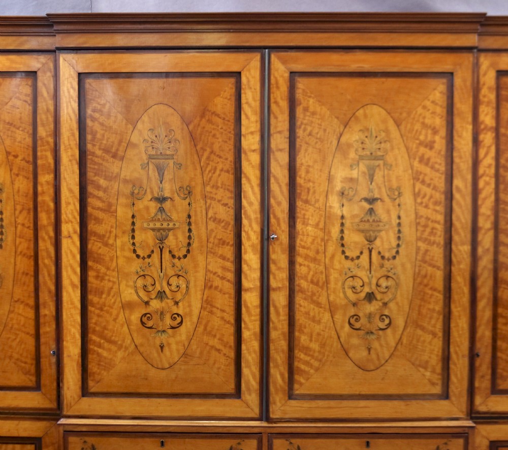 Late 19C Inlaid Satinwood 4 Door Breakfront Wardrobe View IV