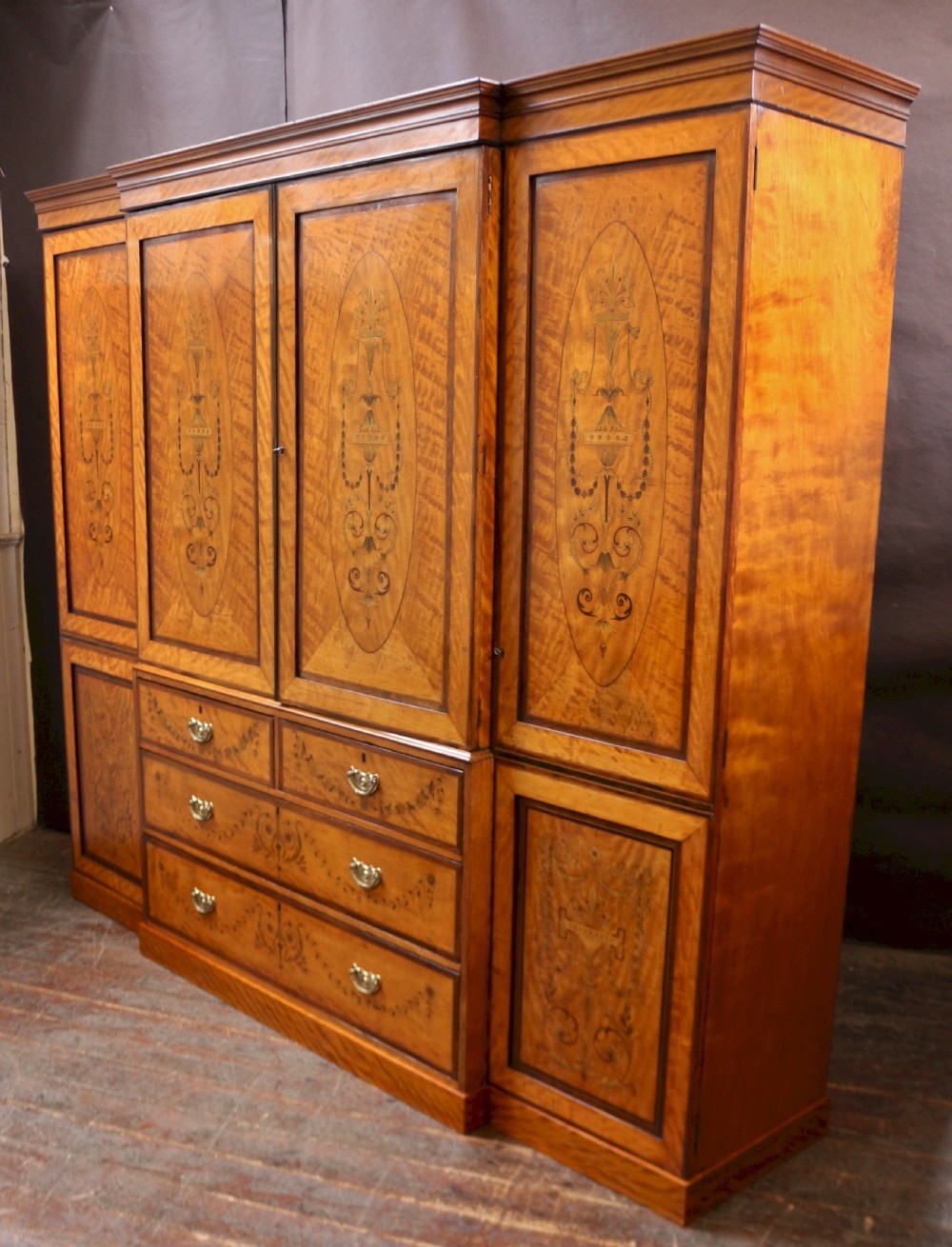 Late 19C Inlaid Satinwood 4 Door Breakfront Wardrobe View X