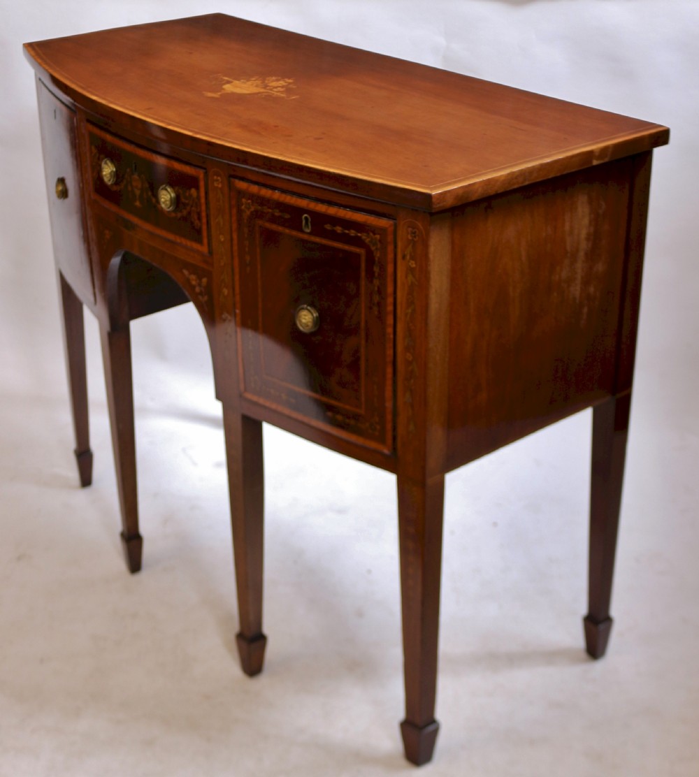 George 111 Small Inlaid Mahogany 3 Drawer Bowfront Sideboard View X