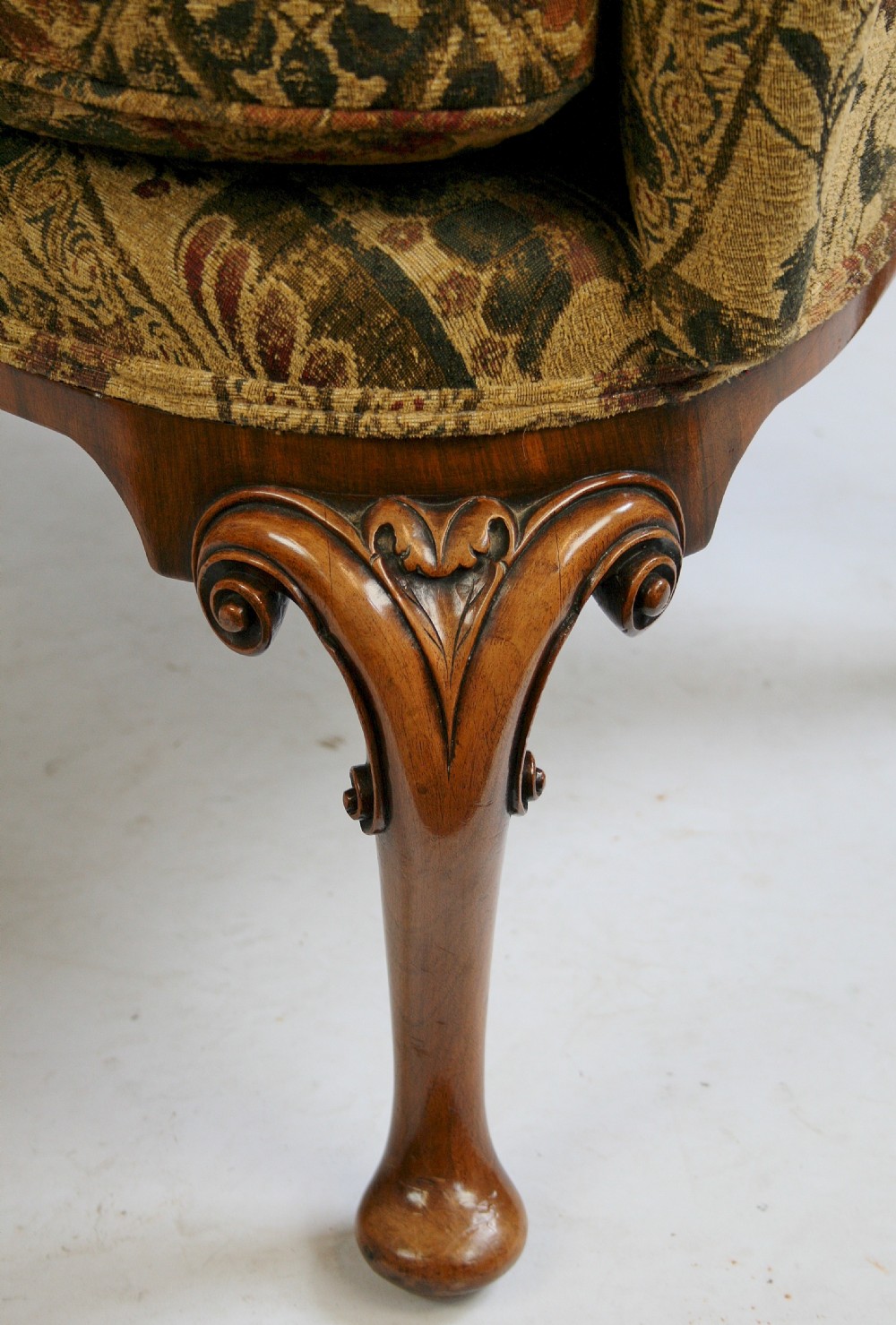 C1920. Walnut Framed Shaped Wing Chair on Cabriole Legs View V