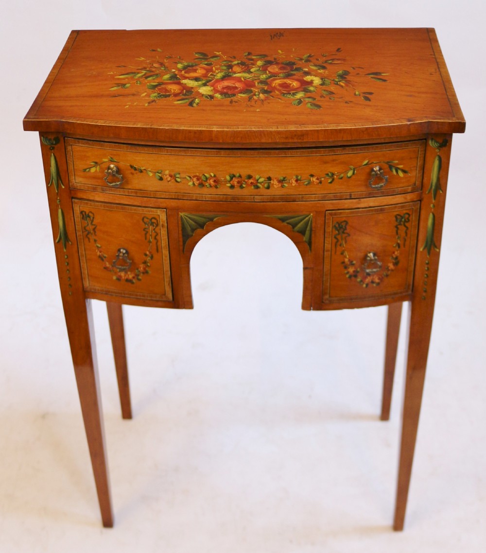 Edwardian Satinwood Bowfront Decorated 3 Drawer Side Table