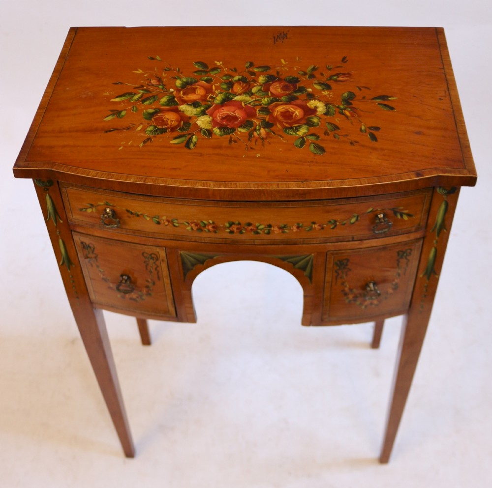 Edwardian Satinwood Bowfront Decorated 3 Drawer Side Table View II