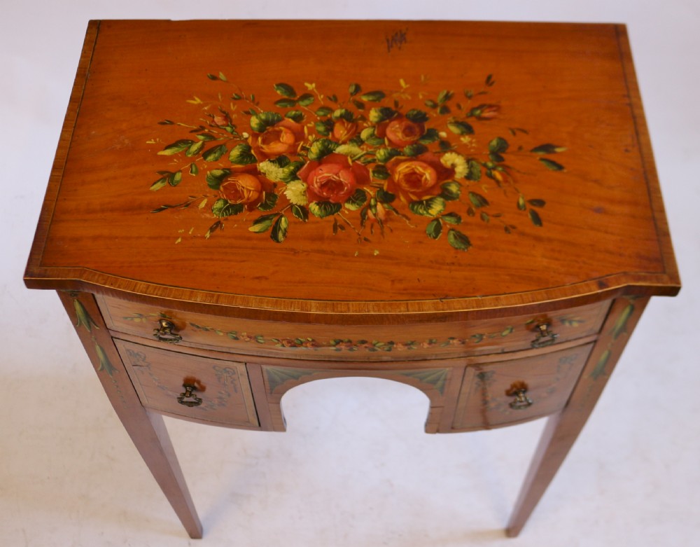 Edwardian Satinwood Bowfront Decorated 3 Drawer Side Table View III