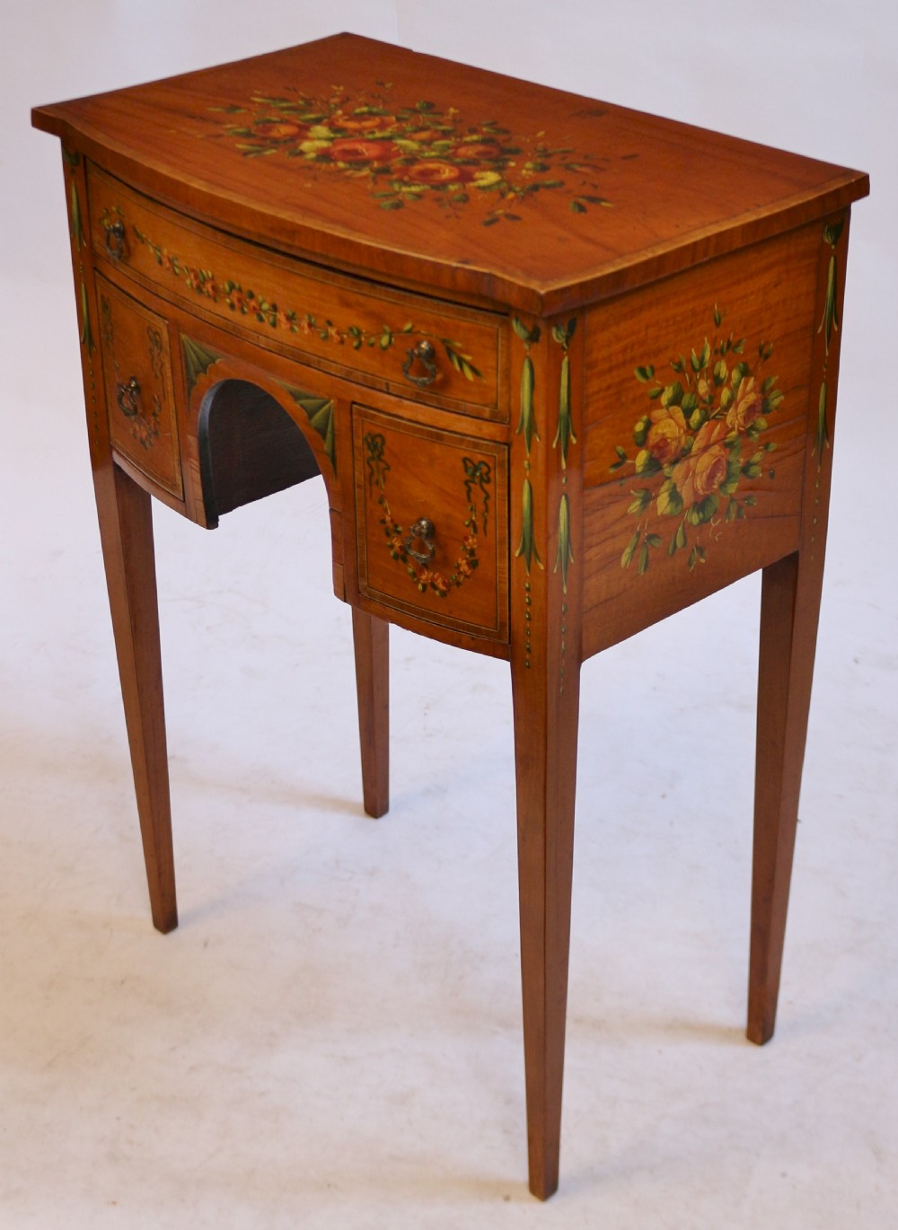 Edwardian Satinwood Bowfront Decorated 3 Drawer Side Table View IV