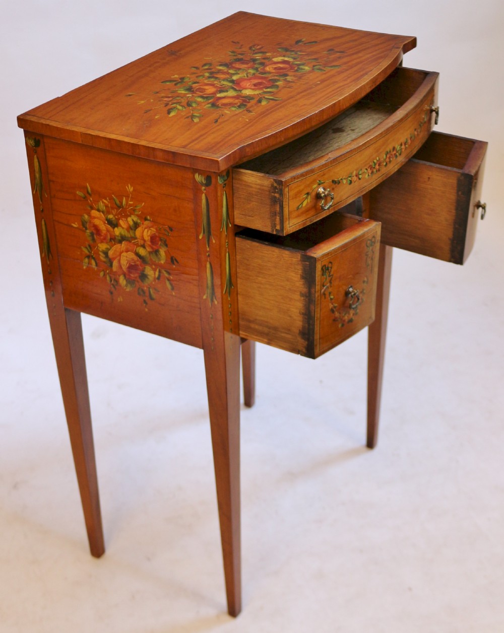Edwardian Satinwood Bowfront Decorated 3 Drawer Side Table View V