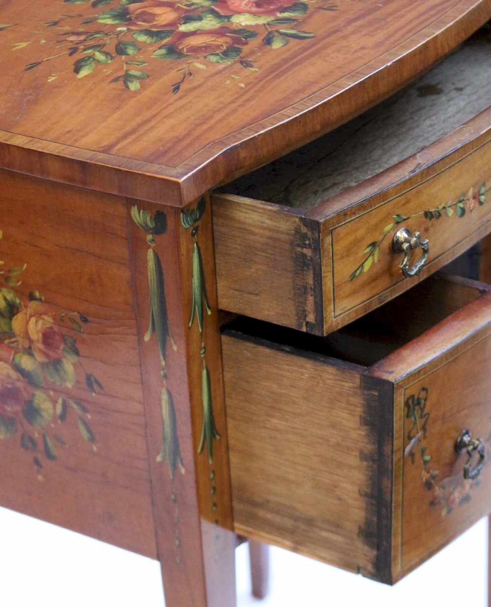 Edwardian Satinwood Bowfront Decorated 3 Drawer Side Table View VI