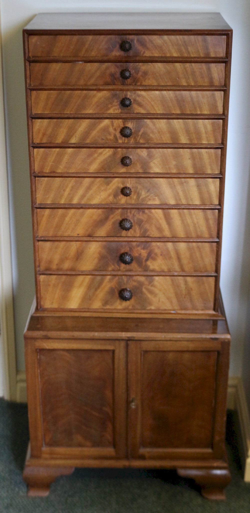 19C Mahogany Collectors Chest on Cupboard