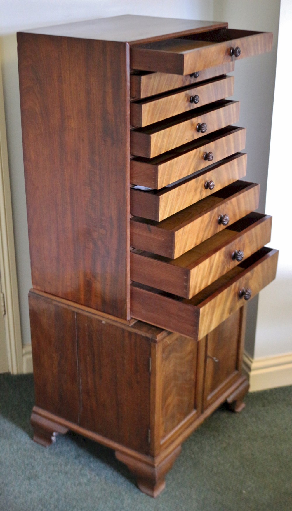 19C Mahogany Collectors Chest on Cupboard View II
