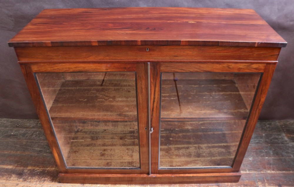 A George IV thuya wood side cabinet featuring two glazed doors, internal shelves, and a solid plinth base. View II