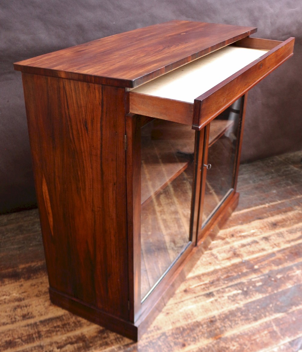 A George IV thuya wood side cabinet featuring two glazed doors, internal shelves, and a solid plinth base. View III