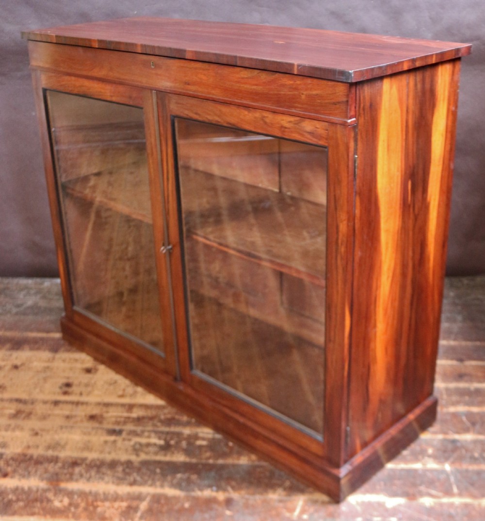 A George IV thuya wood side cabinet featuring two glazed doors, internal shelves, and a solid plinth base. View IV