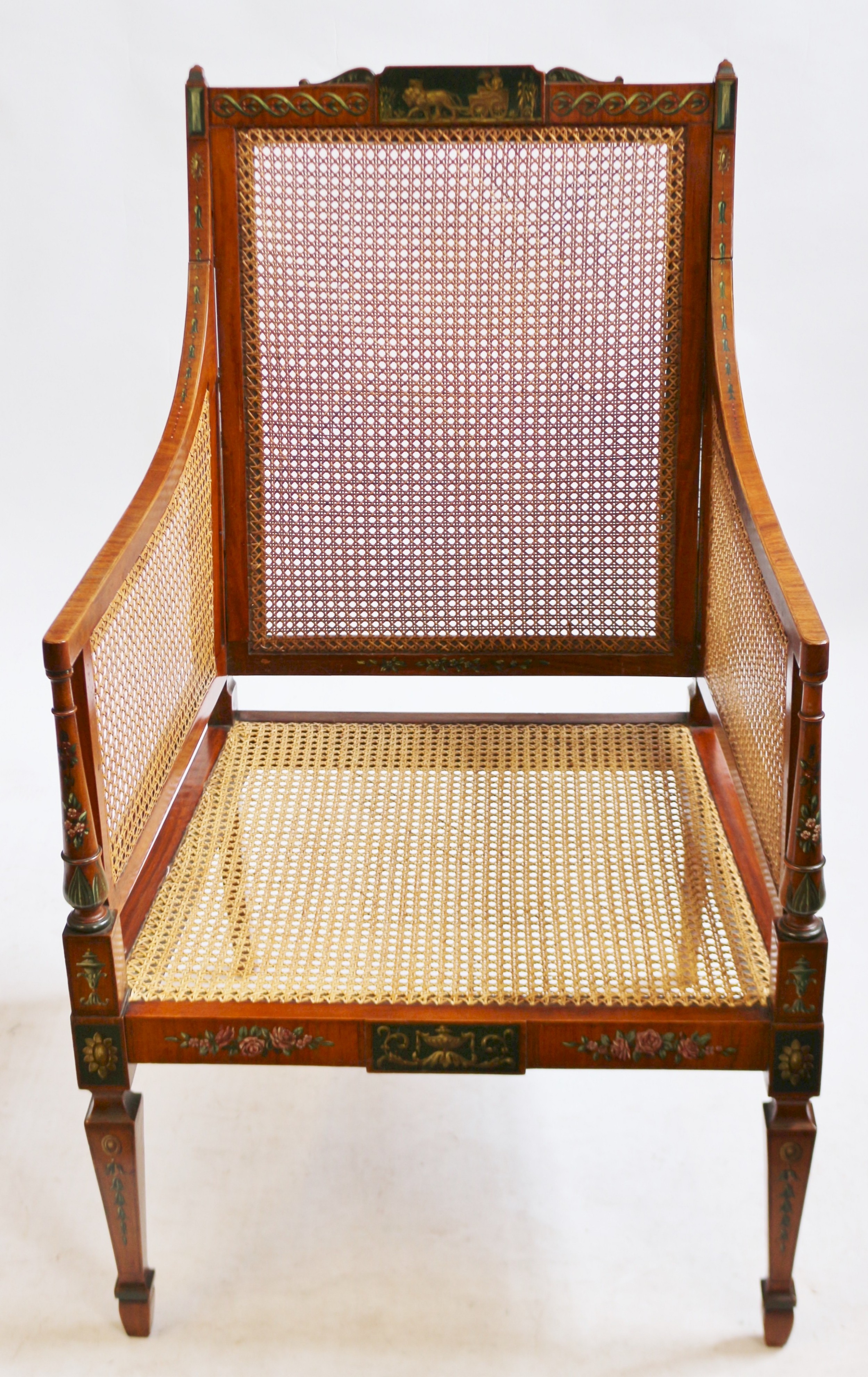 Edwardian Satinwood Bergere Armchair with Painted Decoration