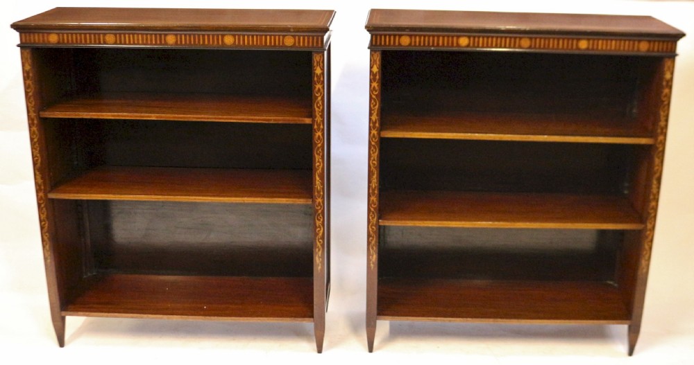 Pair of Edwardian Inlaid Mahogany Open Bookcases