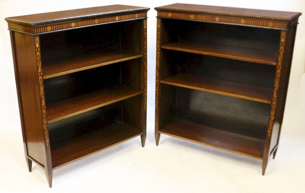Pair of Edwardian Inlaid Mahogany Open Bookcases View II