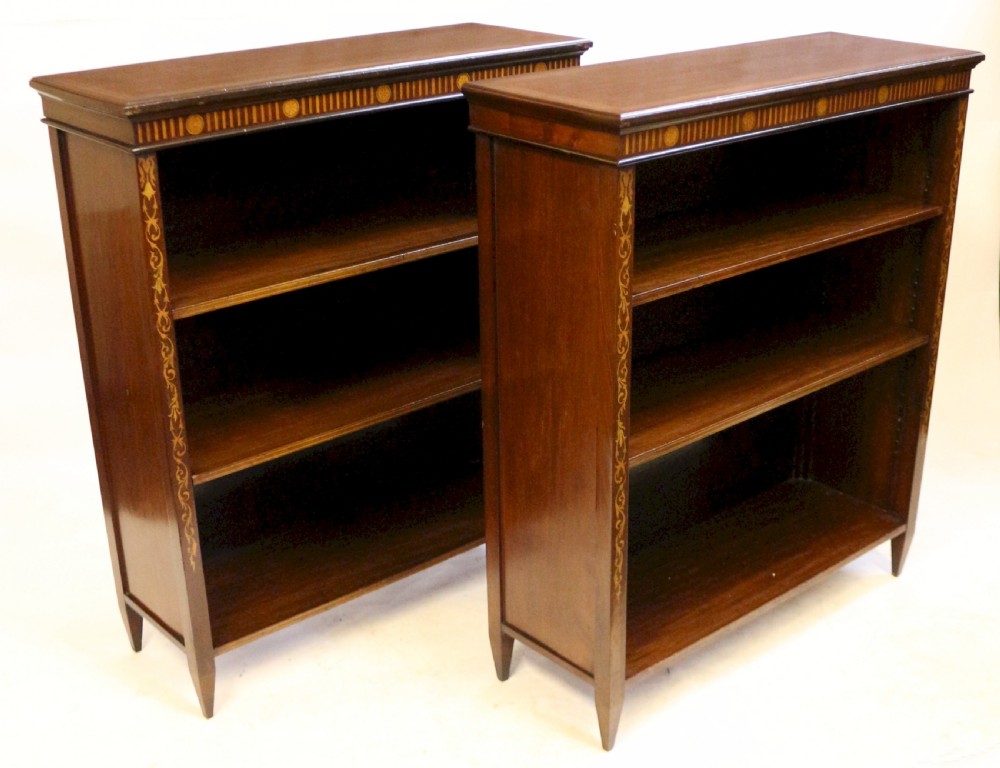 Pair of Edwardian Inlaid Mahogany Open Bookcases View III