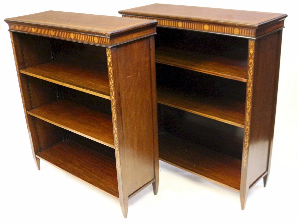 Pair of Edwardian Inlaid Mahogany Open Bookcases View IV