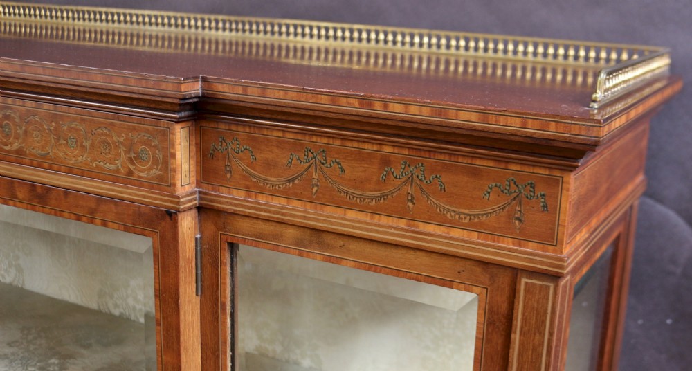 An antique mahogany display cabinet featuring satinwood floral marquetry, a single glazed door, side window panels, and a brass gallery along the top edge. View VIII